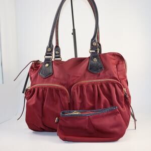 MZ Wallace Burgundy Nylon Tote with Black Leather Trim & Pouch